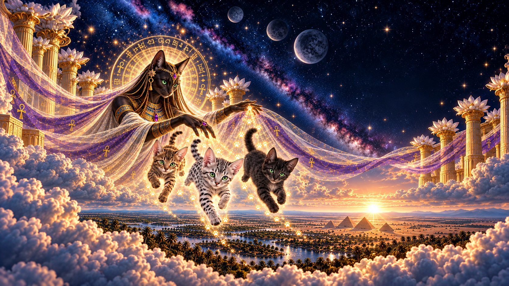 Bastet sending bronze, silver, and smoke Egyptian Mau kittens to their chosen families.
