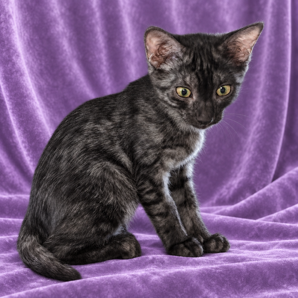 Cleo, a smoke Egyptian Mau kitten, sitting on lavender velvet with subtle spotting visible in her dark coat.