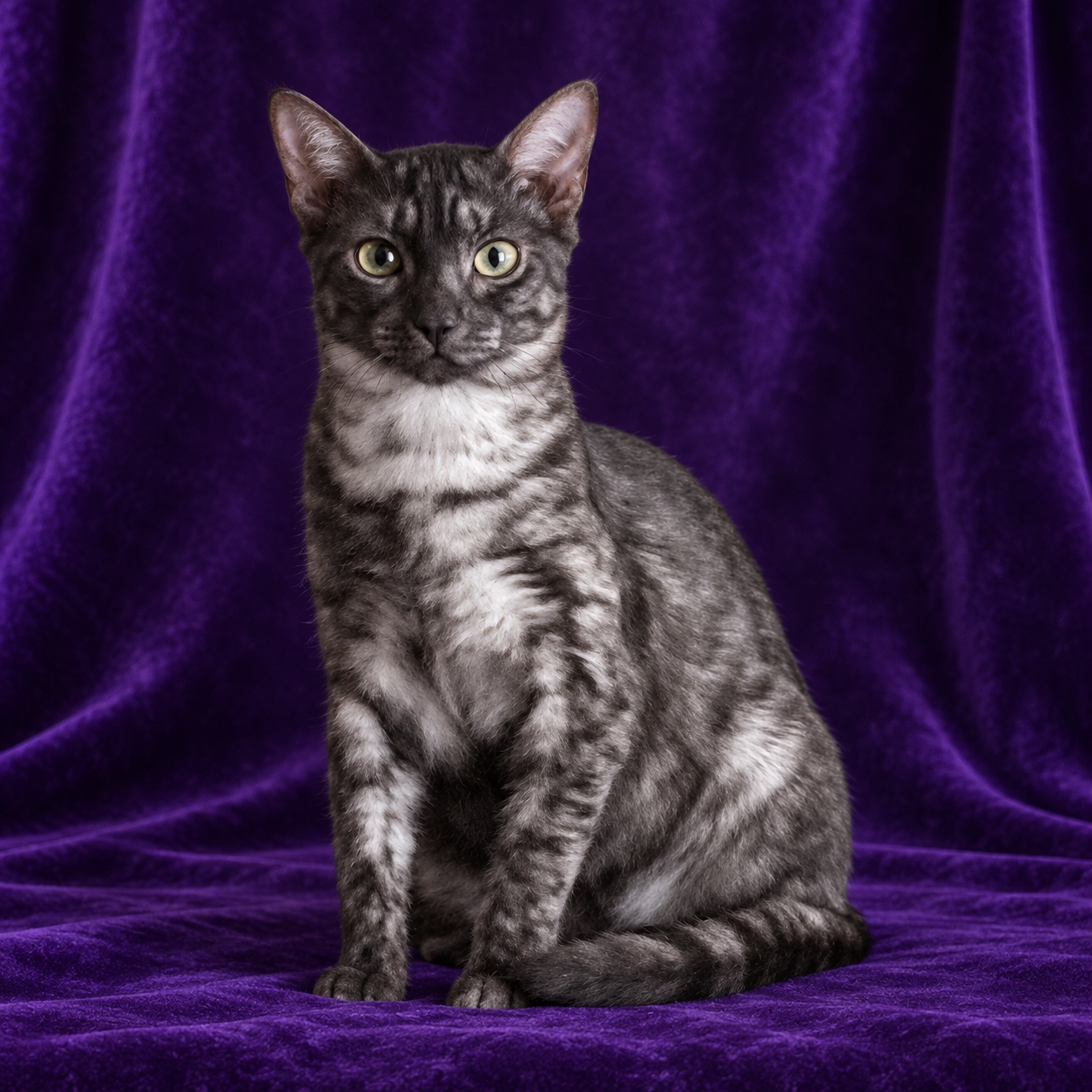 Smoke Egyptian Mau Bastcats Midnight Sky seated against a purple velvet backdrop